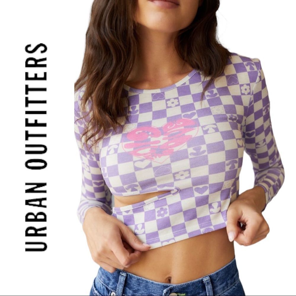 NEW Urban Outfitters UO Find Love Checkerboard Long Sleeve Tee Shirt T-Shirt XL